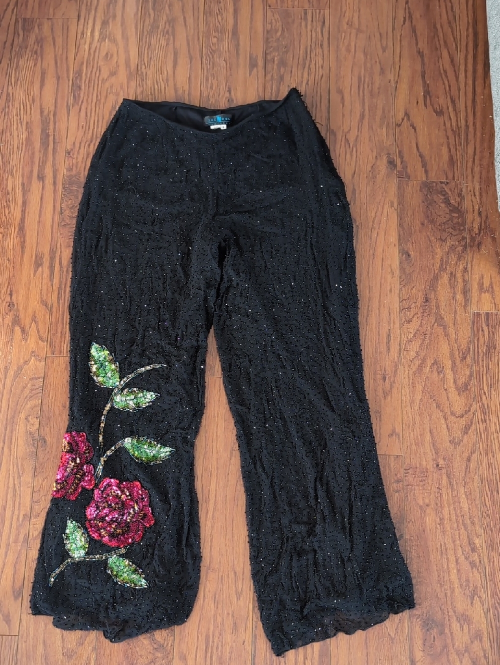 RARE Vintage Sue Wong Wide-Leg Glass Bead Pants with Rose Sequin + Bead Applique